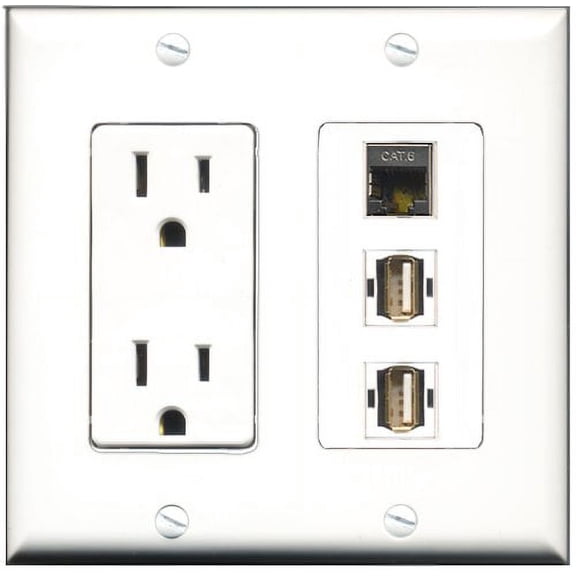 RiteAV - 15 Amp Power Outlet 2 Port USB A-A 1 Port Shielded Cat6 Ethernet Ethernet Decorative Wall Plate