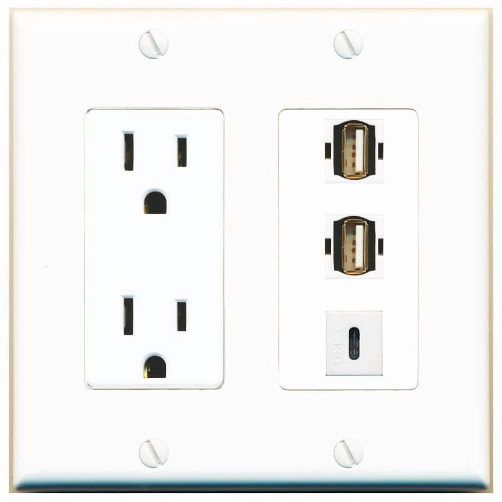 RiteAV 15 Amp Power Outlet 2 Port USB2 1 USBC Jack Coupler Female-Female Decorative Wall Plate [White]