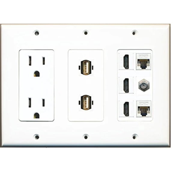 RiteAV 15 Amp Power Outlet 2 USB - 3 HDMI 2 Ethernet 1 Coax Cable TV Wall Plate