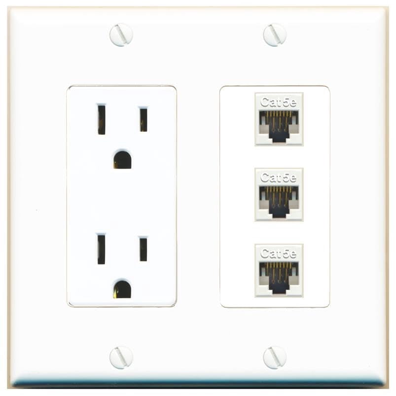 RiteAV 15 Amp Power Outlet 3 Port CAT5E Jack Coupler Female-Female Decorative Wall Plate [White]