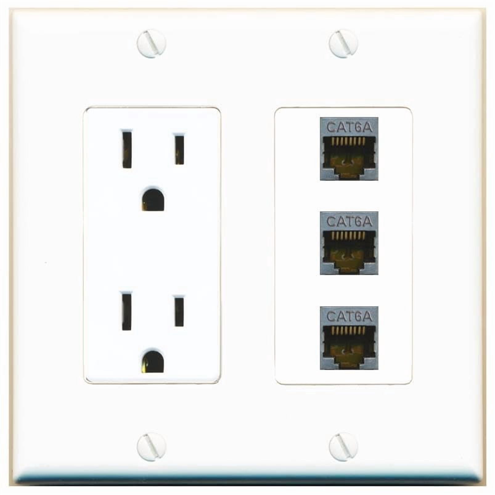 RiteAV 15 Amp Power Outlet 3 Port CAT6A Jack Coupler Female-Female Decorative Wall Plate [White]