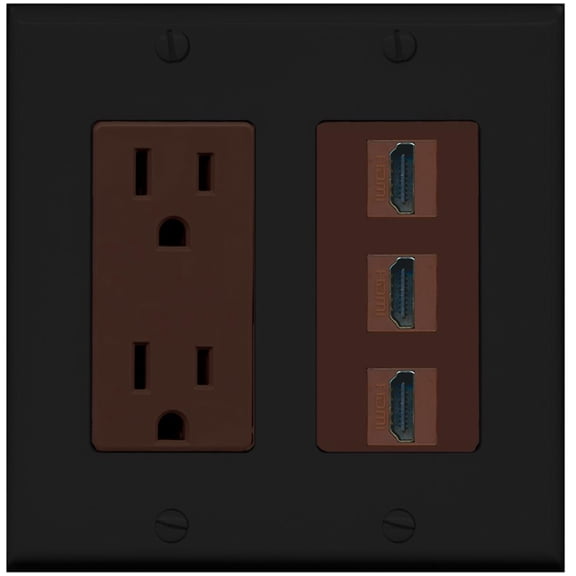 RiteAV - 15 Amp Power Outlet 3 Port HDMI Decora Wall Plate - Black/Brown