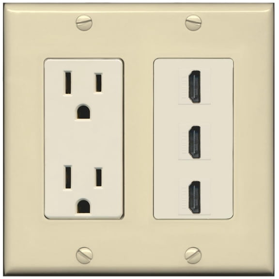 RiteAV - 15 Amp Power Outlet 3 Port HDMI Decora Wall Plate - Ivory/Light Almond