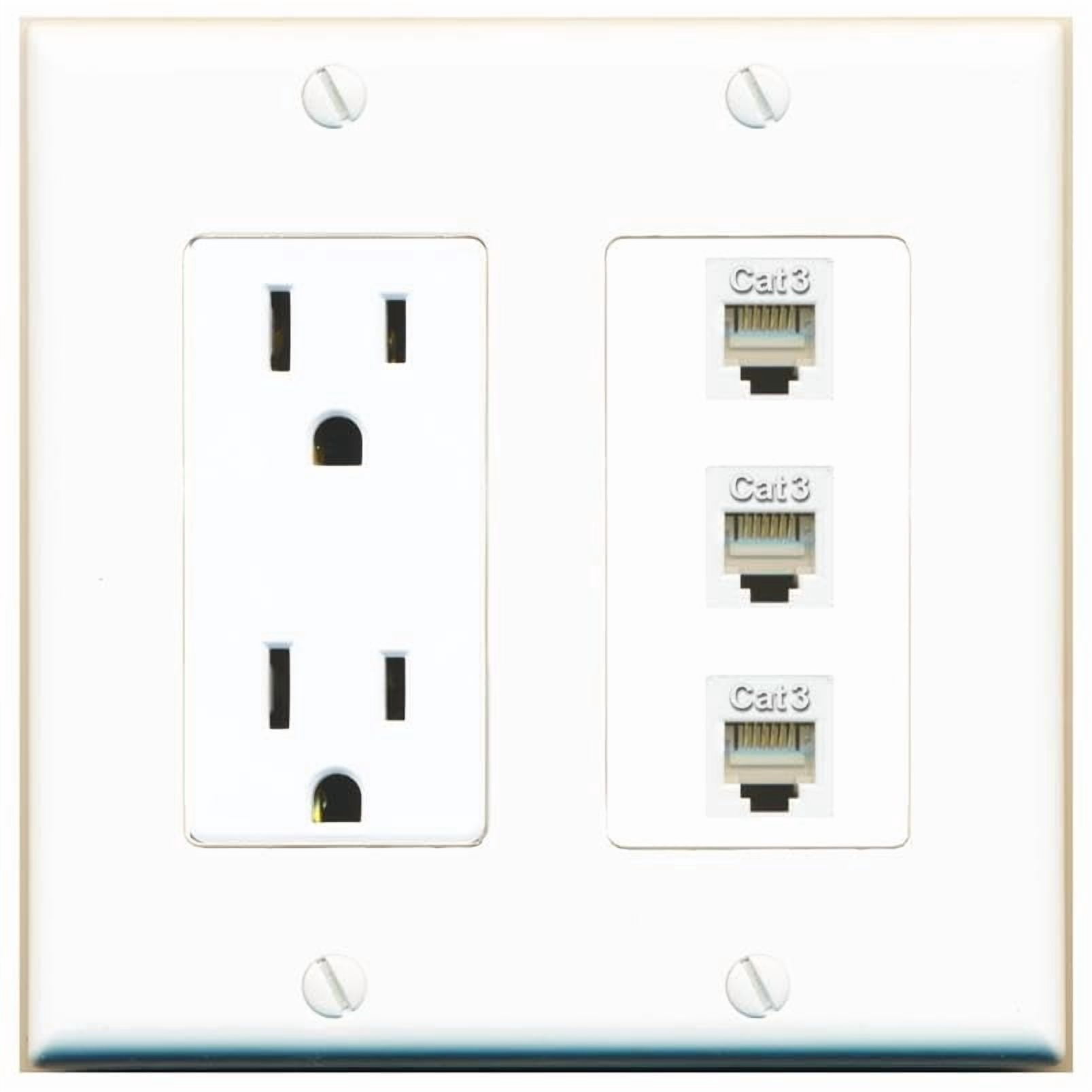 RiteAV 15 Amp Power Outlet 3 Port Phone Jack Coupler Female-Female Decorative Wall Plate [White]