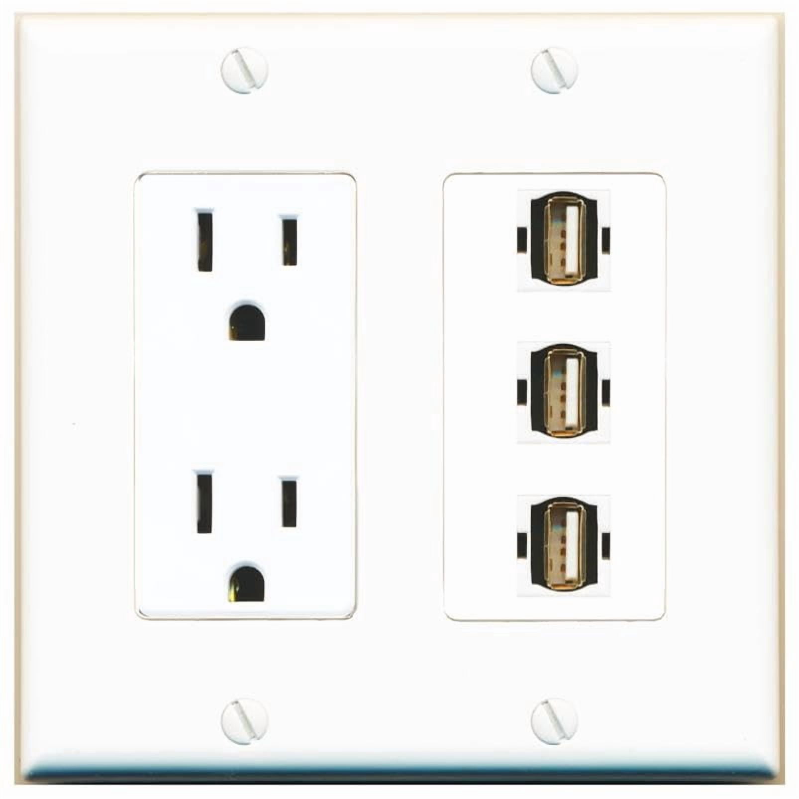 RiteAV 15 Amp Power Outlet 3 Port USB2 Jack Coupler Female-Female Decorative Wall Plate [White]
