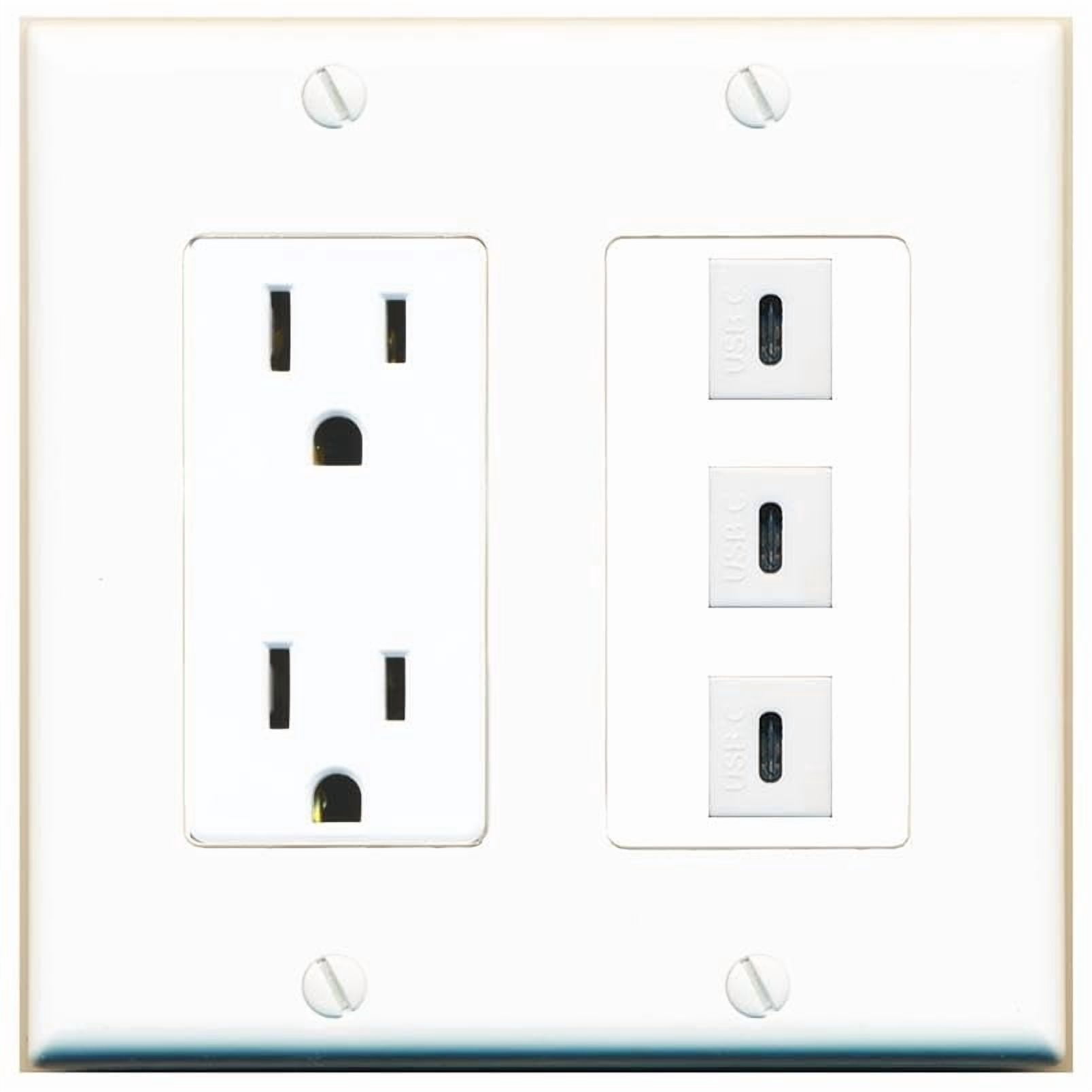 RiteAV 15 Amp Power Outlet 3 Port USBC Jack Coupler Female-Female Decorative Wall Plate [White]
