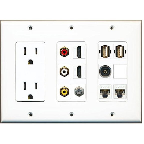 RiteAV 15 Amp Power Outlet 3 x RCA 2 HDMI USB Cat5e 1 Coax Toslink Wall Plate