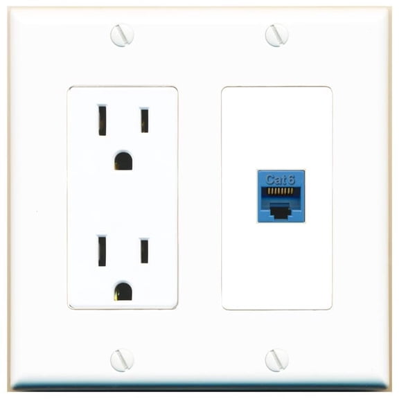 RiteAV 15 Amp Power Outlet and 1 Port CAT6-BLUE Decorative Wall Plate [White]