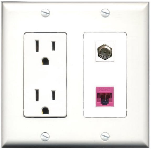 RiteAV - 15 Amp Power Outlet and 1 Port Coax Cable TV- F-Type and 1 Port Cat5e Ethernet Pink Decorative Type Wall Plate White