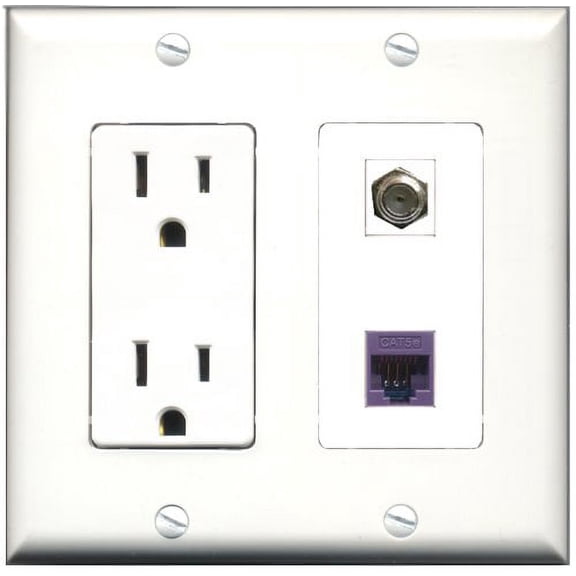 RiteAV - 15 Amp Power Outlet and 1 Port Coax Cable TV- F-Type and 1 Port Cat5e Ethernet Purple Decorative Type Wall Plate White