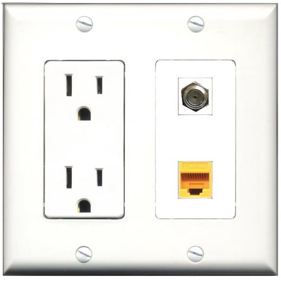 RiteAV - 15 Amp Power Outlet and 1 Port Coax Cable TV- F-Type and 1 Port Cat5e Ethernet Yellow Decorative Type Wall Plate White