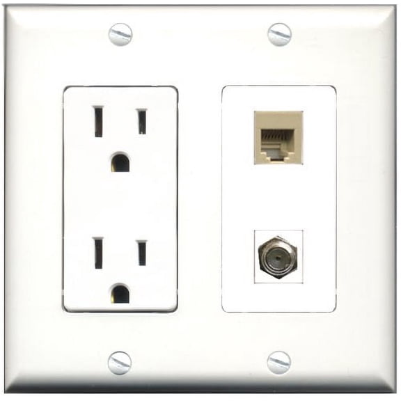 RiteAV - 15 Amp Power Outlet and 1 Port Coax Cable TV- F-Type and 1 Port Phone RJ11 RJ12 Beige Decorative Type Wall Plate White