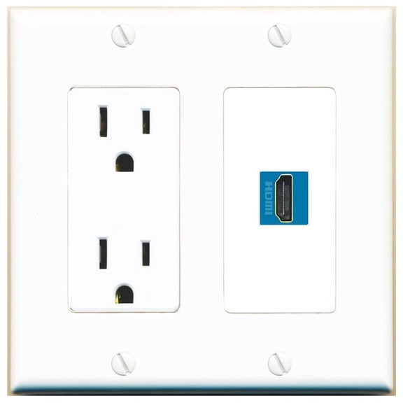 RiteAV 15 Amp Power Outlet and 1 Port HDMI-Blue Decorative Wall Plate [White]