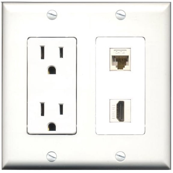 RiteAV - 15 Amp Power Outlet and 1 Port HDMI and 1 Port Cat6 Ethernet White Decorative Type Wall Plate White
