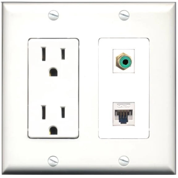 RiteAV - 15 Amp Power Outlet and 1 Port RCA Green and 1 Port Cat5e Ethernet White Decorative Type Wall Plate White