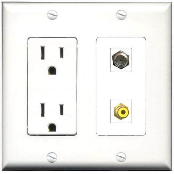RiteAV - 15 Amp Power Outlet and 1 Port RCA Yellow and 1 Port Coax Cable TV- F-Type Decorative Type Wall Plate White