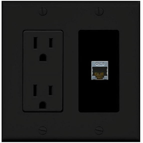 RiteAV - 15 Amp Power Outlet and 1 Port Shielded Cat6 Ethernet Decorative Type Wall Plate - Black