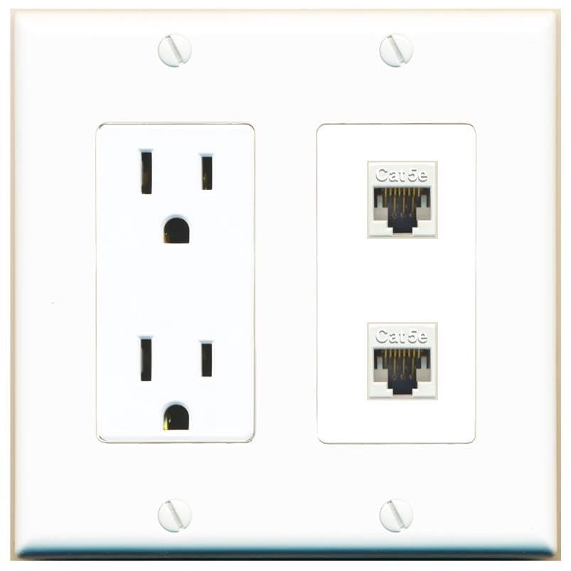 RiteAV 15 Amp Power Outlet and 2 CAT5E Wall Plate Decorative [White]