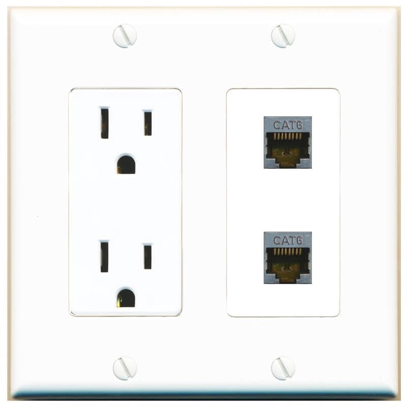 RiteAV 15 Amp Power Outlet and 2 CAT6-SHIELDED Wall Plate Decorative [White]