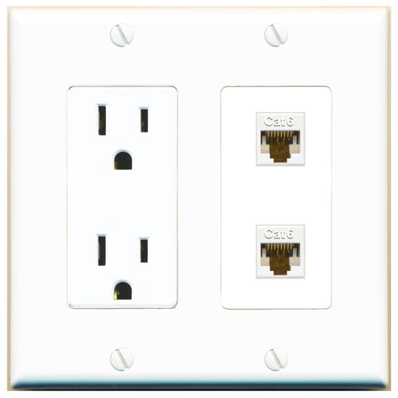 RiteAV 15 Amp Power Outlet and 2 CAT6 Wall Plate Decorative [White]