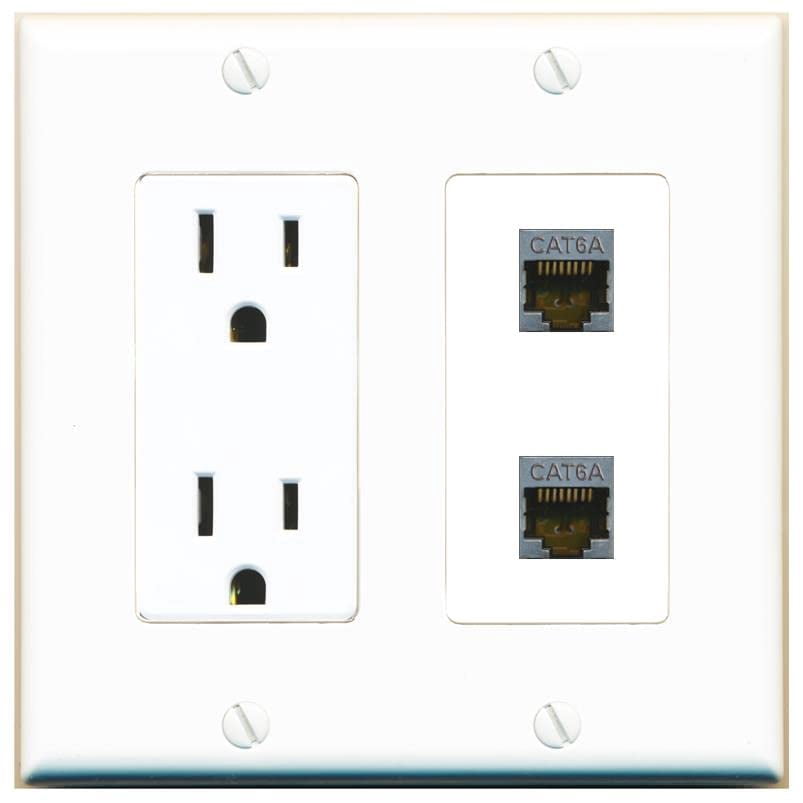 RiteAV 15 Amp Power Outlet and 2 CAT6A Wall Plate Decorative [White]