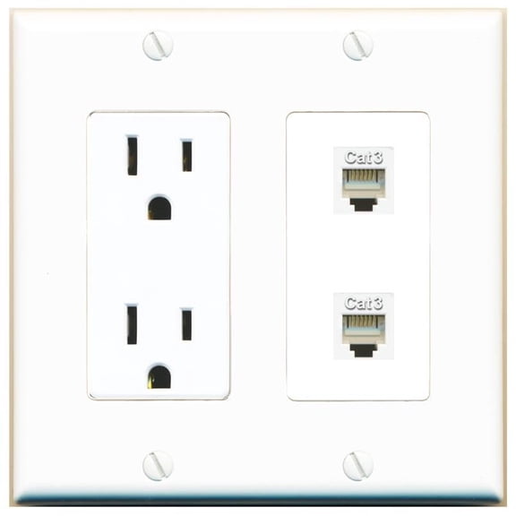 RiteAV 15 Amp Power Outlet and 2 Phone Wall Plate Decorative [White]