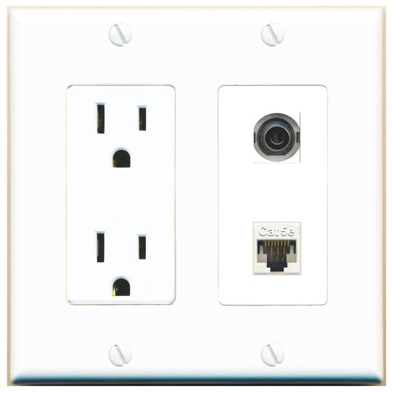 RiteAV 15 Amp Power Outlet and 3.5mm CAT5E Wall Plate Decorative [White]