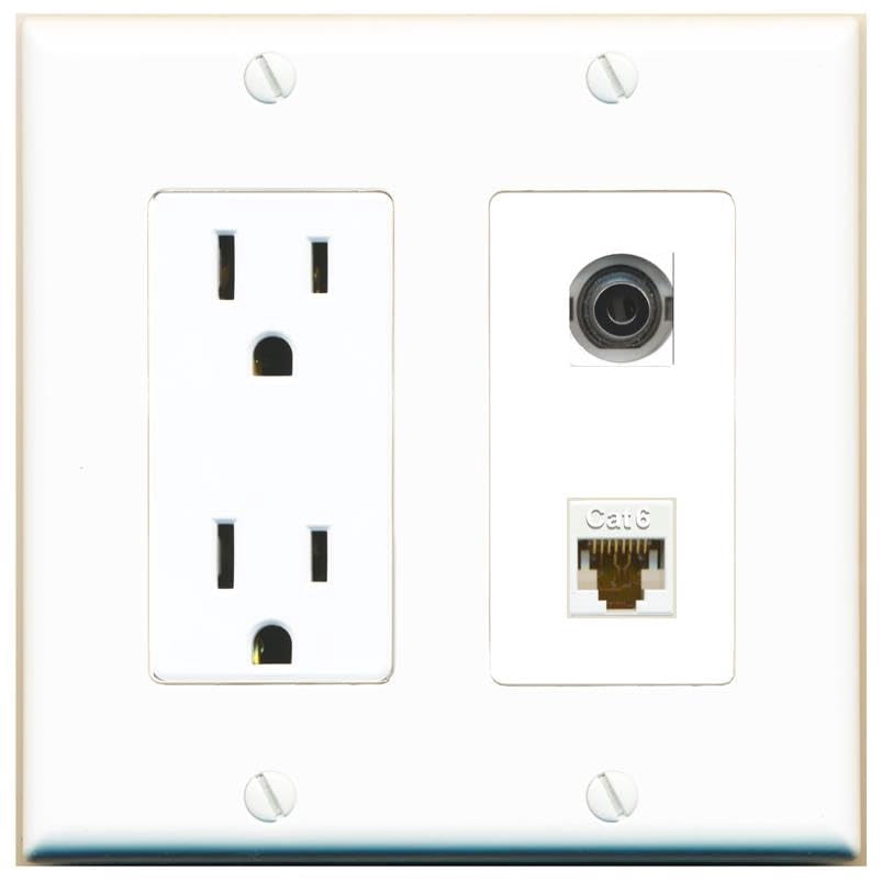 RiteAV 15 Amp Power Outlet and 3.5mm CAT6 Wall Plate Decorative [White]
