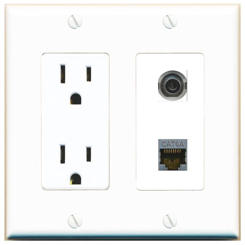 RiteAV 15 Amp Power Outlet and 3.5mm CAT6A Wall Plate Decorative [White]