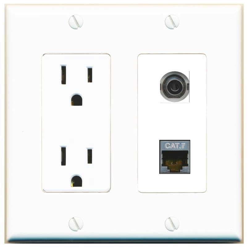 RiteAV 15 Amp Power Outlet and 3.5mm CAT7 Wall Plate Decorative [White]