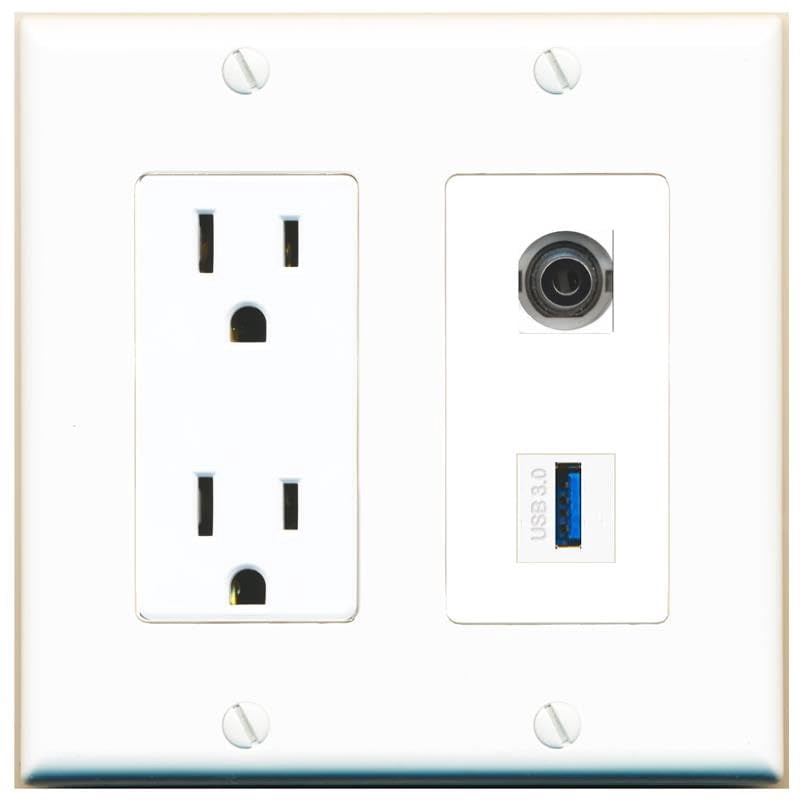 RiteAV 15 Amp Power Outlet and 3.5mm USB-3 Wall Plate Decorative [White]