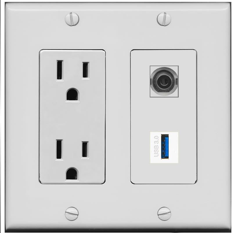 RiteAV 15 Amp Power Outlet and 3.5mm USB-3 Wall Plate [Gray]
