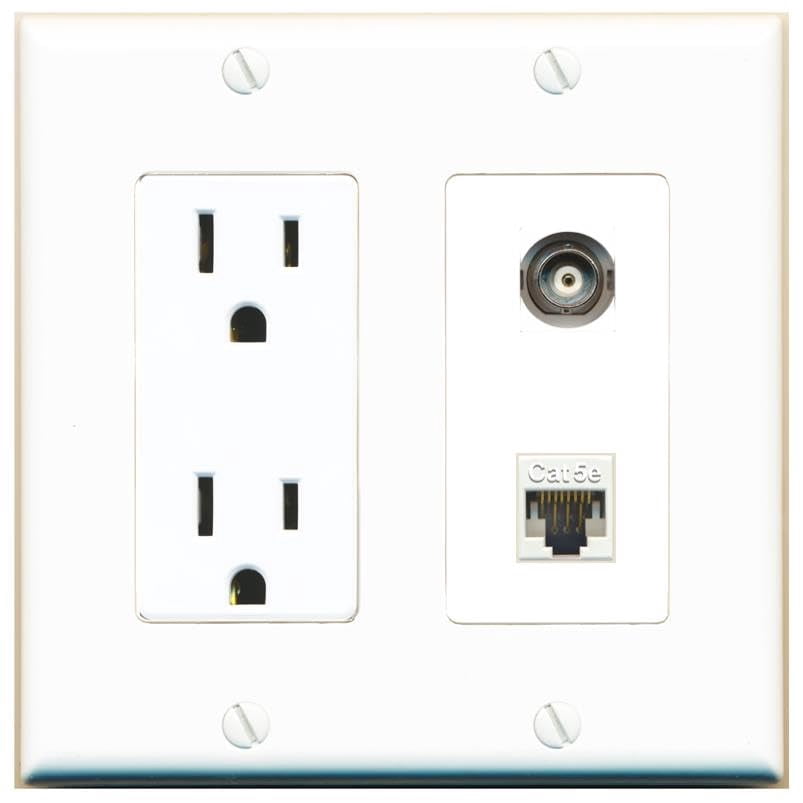 RiteAV 15 Amp Power Outlet and BNC CAT5E Wall Plate Decorative [White]