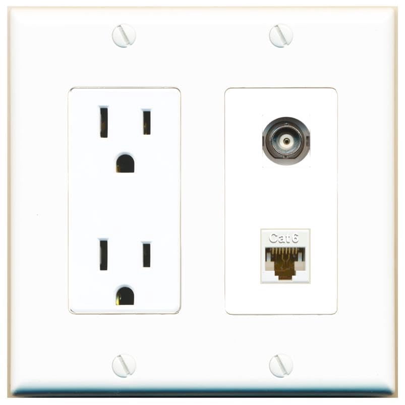 RiteAV 15 Amp Power Outlet and BNC CAT6 Wall Plate Decorative [White]