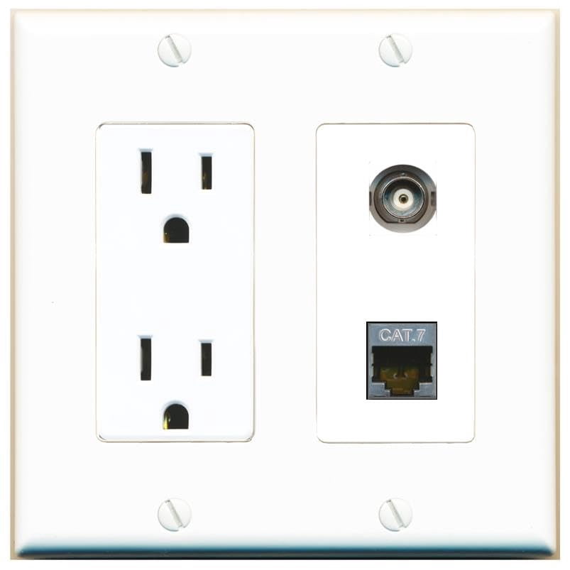 RiteAV 15 Amp Power Outlet and BNC CAT7 Wall Plate Decorative [White]