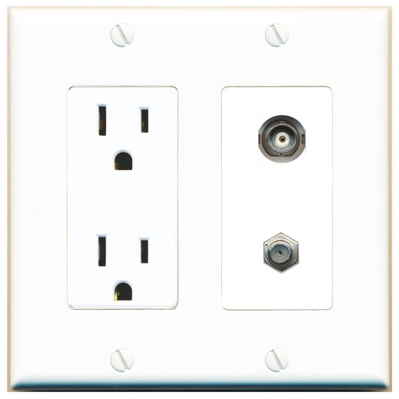 RiteAV 15 Amp Power Outlet and BNC Coax Wall Plate Decorative [White]