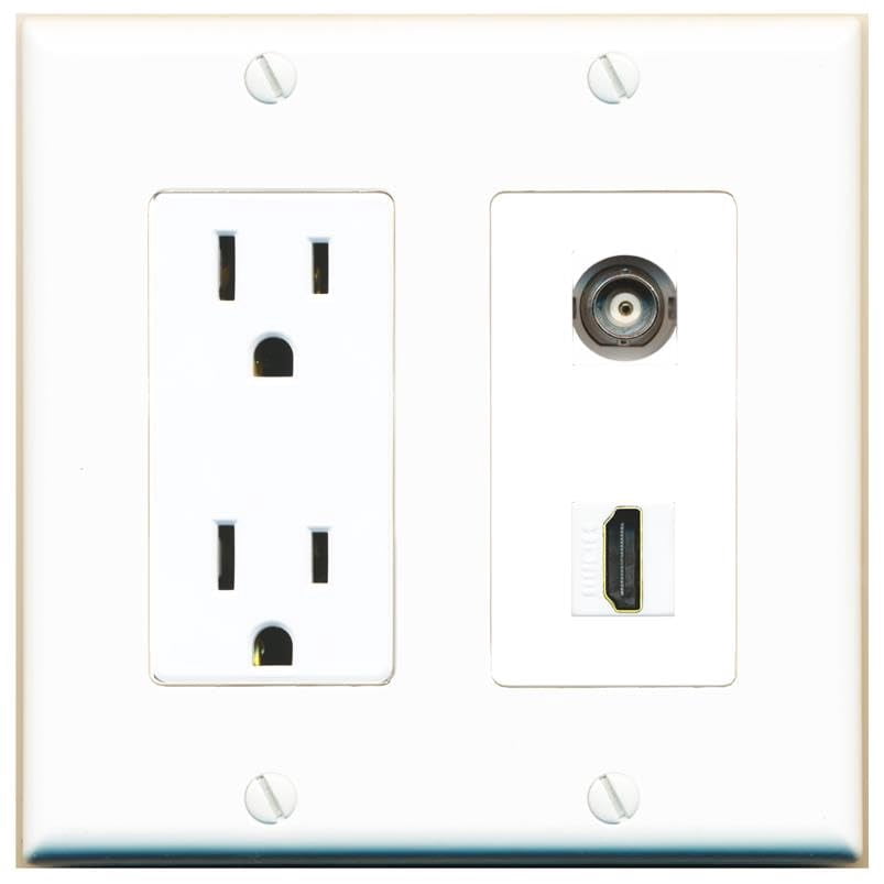 RiteAV 15 Amp Power Outlet and BNC HDMI Wall Plate Decorative [White]