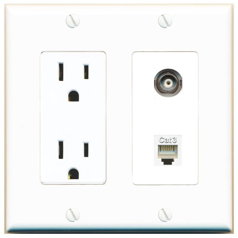 RiteAV 15 Amp Power Outlet and BNC Phone Wall Plate Decorative [White]