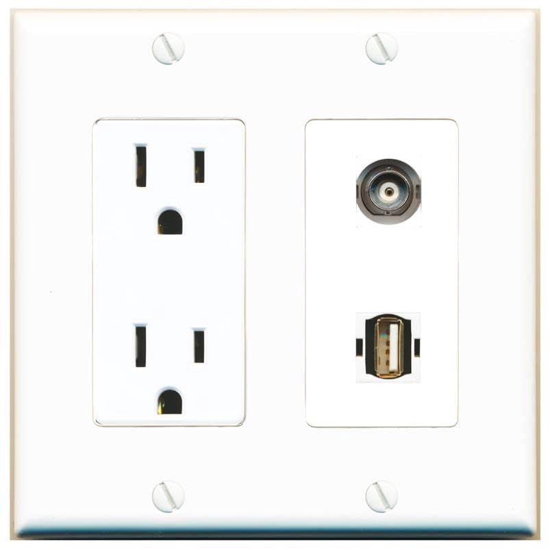 RiteAV 15 Amp Power Outlet and BNC USB2 Wall Plate Decorative [White]