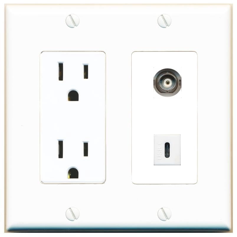 RiteAV 15 Amp Power Outlet and BNC USBC Wall Plate Decorative [White]