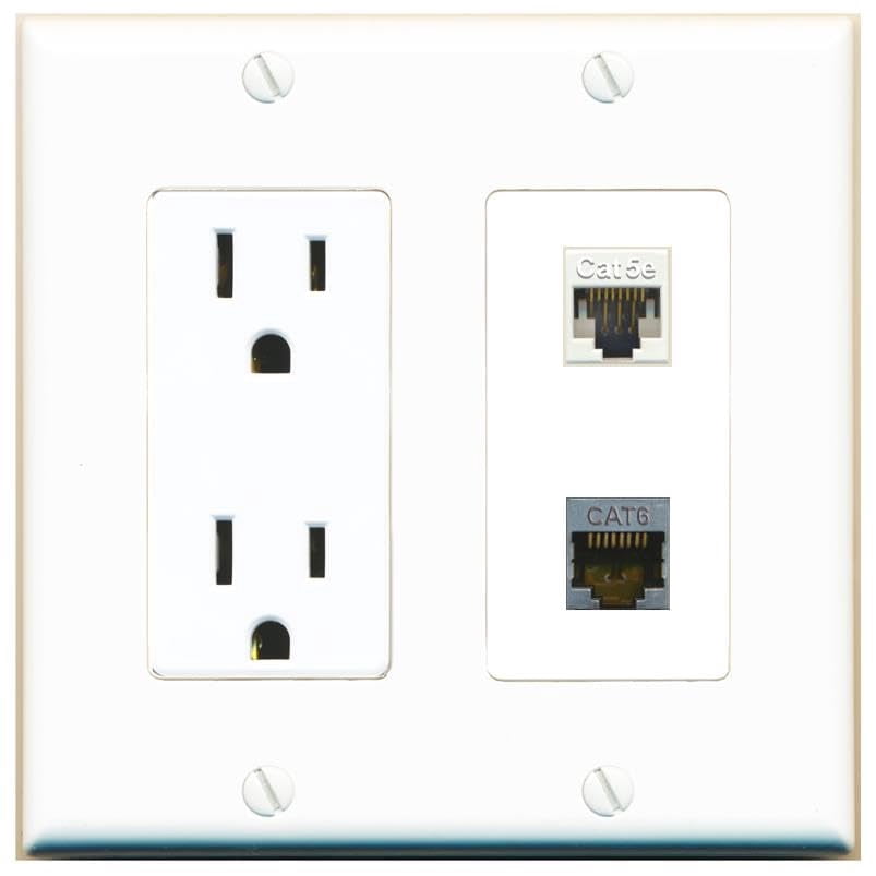 RiteAV 15 Amp Power Outlet and CAT5E CAT6-SHIELDED Wall Plate Decorative [White]