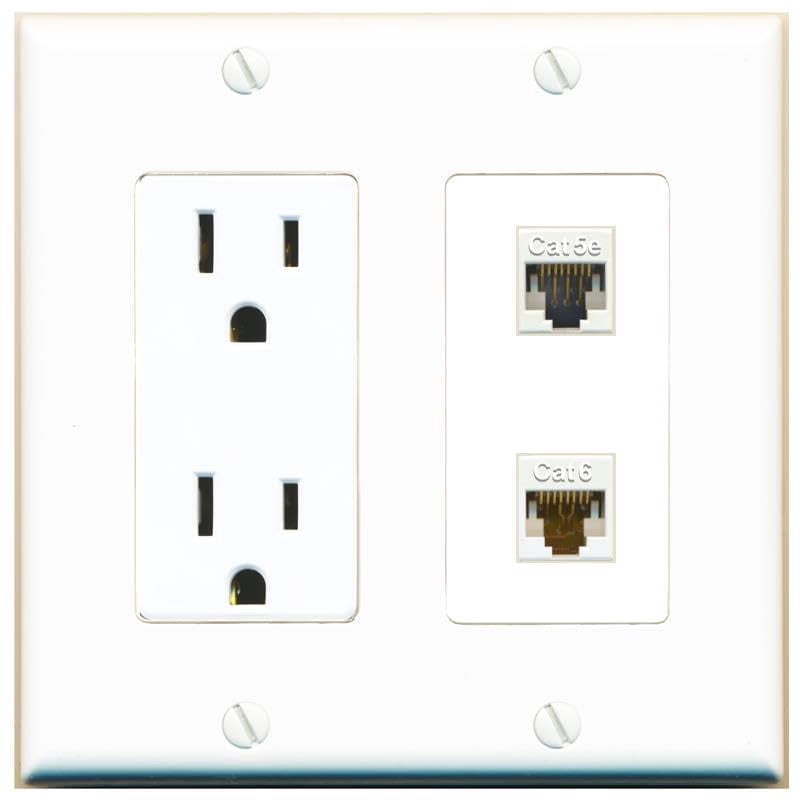 RiteAV 15 Amp Power Outlet and CAT5E CAT6 Wall Plate Decorative [White]