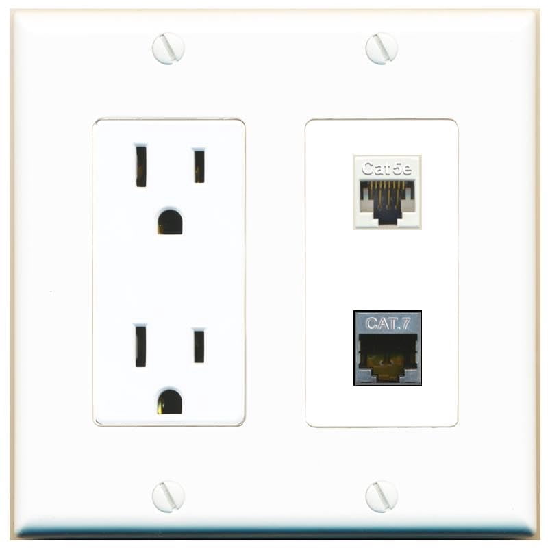 RiteAV 15 Amp Power Outlet and CAT5E CAT7 Wall Plate Decorative [White]