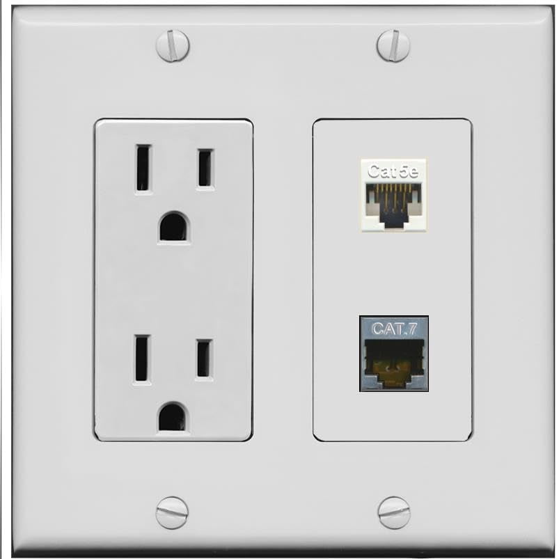 RiteAV 15 Amp Power Outlet and CAT5E CAT7 Wall Plate [Gray]