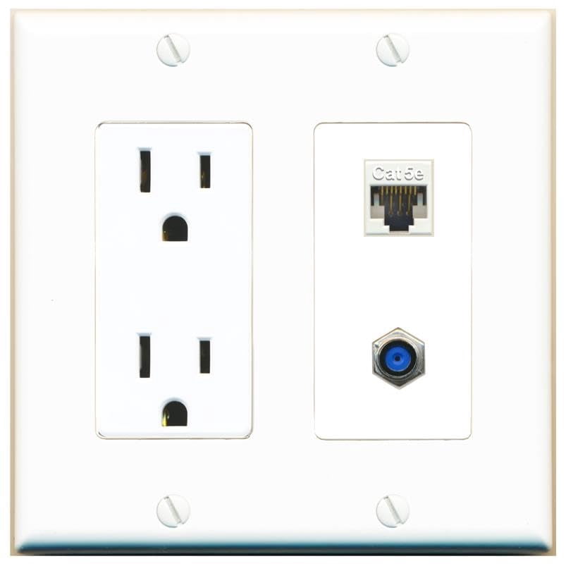 RiteAV 15 Amp Power Outlet and CAT5E F81 Wall Plate Decorative [White]
