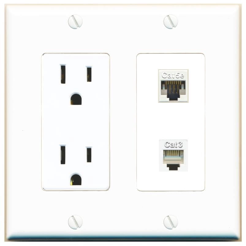 RiteAV 15 Amp Power Outlet and CAT5E Phone Wall Plate Decorative [White]