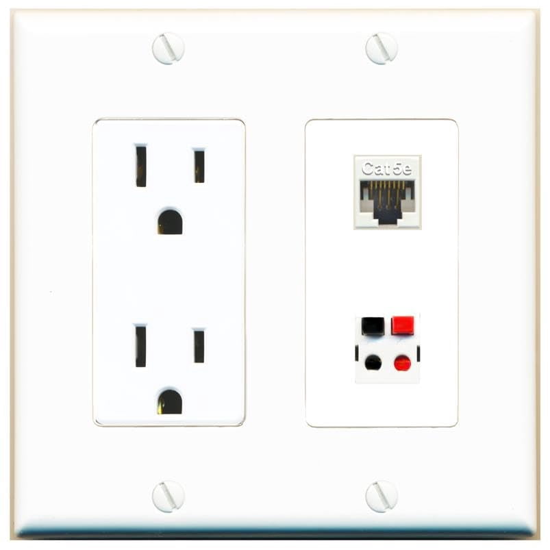 RiteAV 15 Amp Power Outlet and CAT5E Speaker Wall Plate Decorative [White]