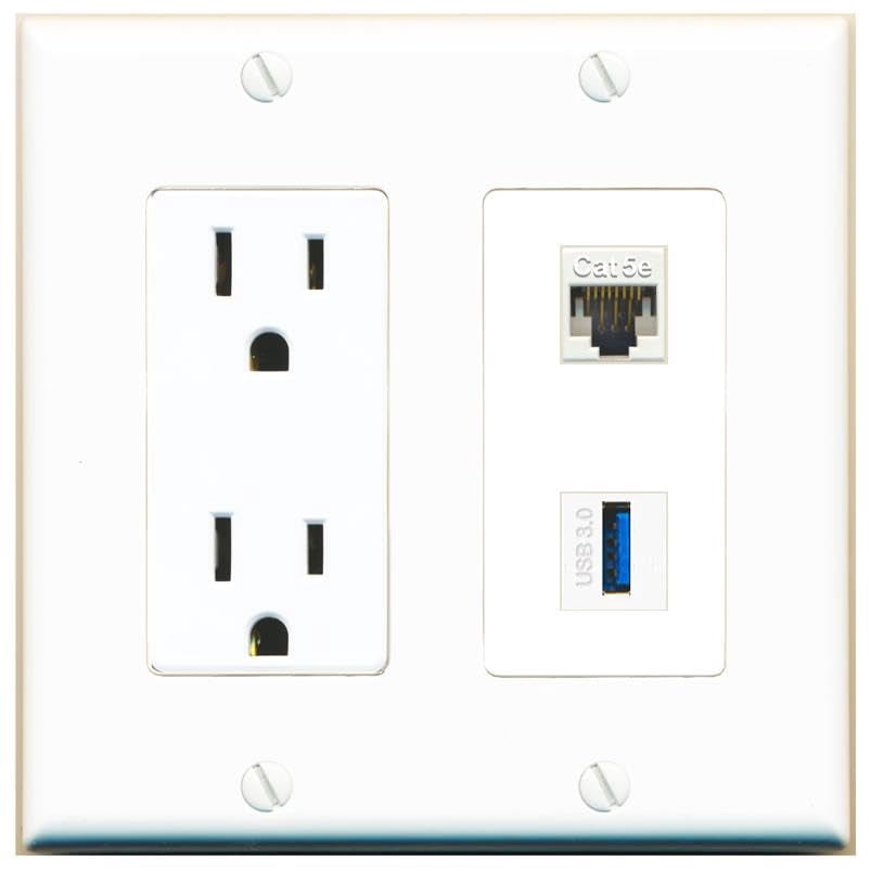 RiteAV 15 Amp Power Outlet and CAT5E USB-3 Wall Plate Decorative [White]