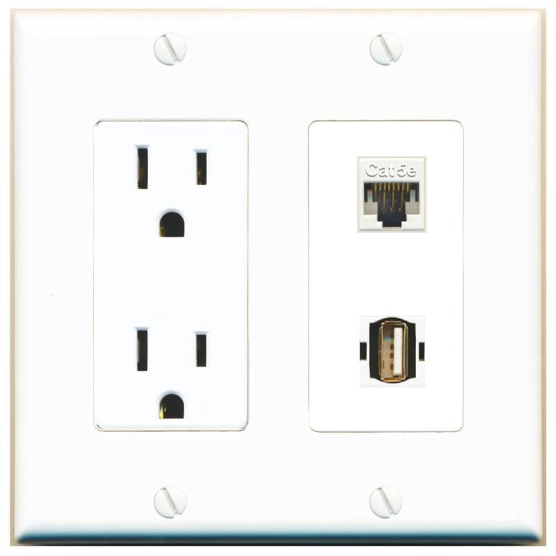 RiteAV 15 Amp Power Outlet and CAT5E USB2 Wall Plate Decorative [White]