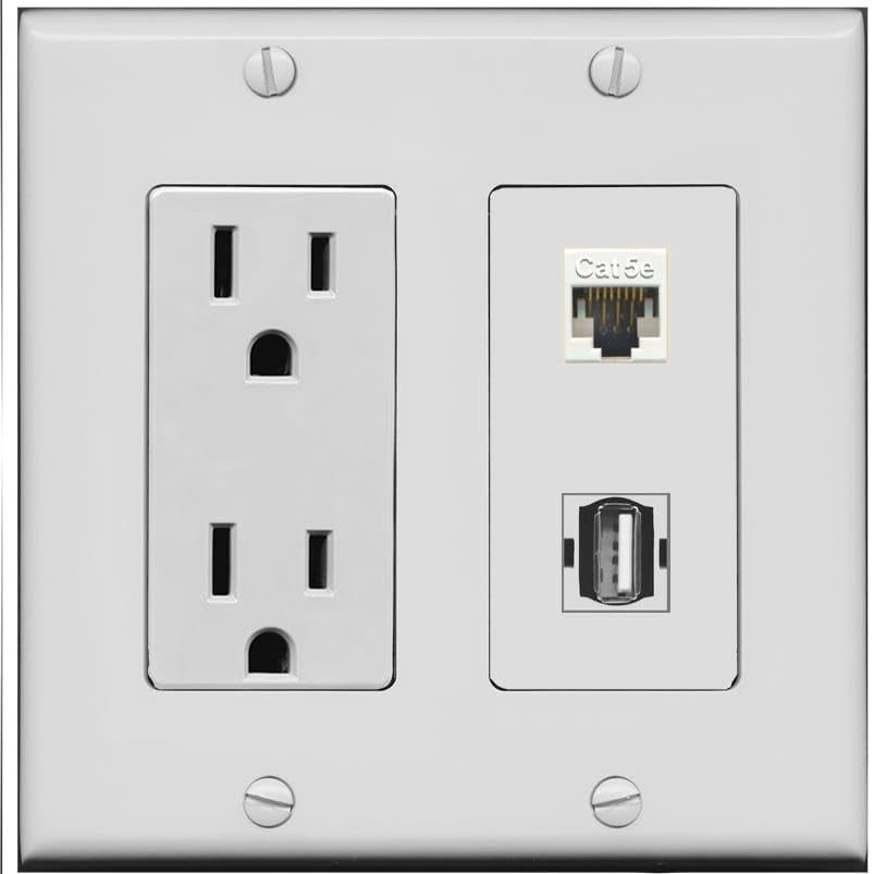 RiteAV 15 Amp Power Outlet and CAT5E USB2 Wall Plate [Gray]